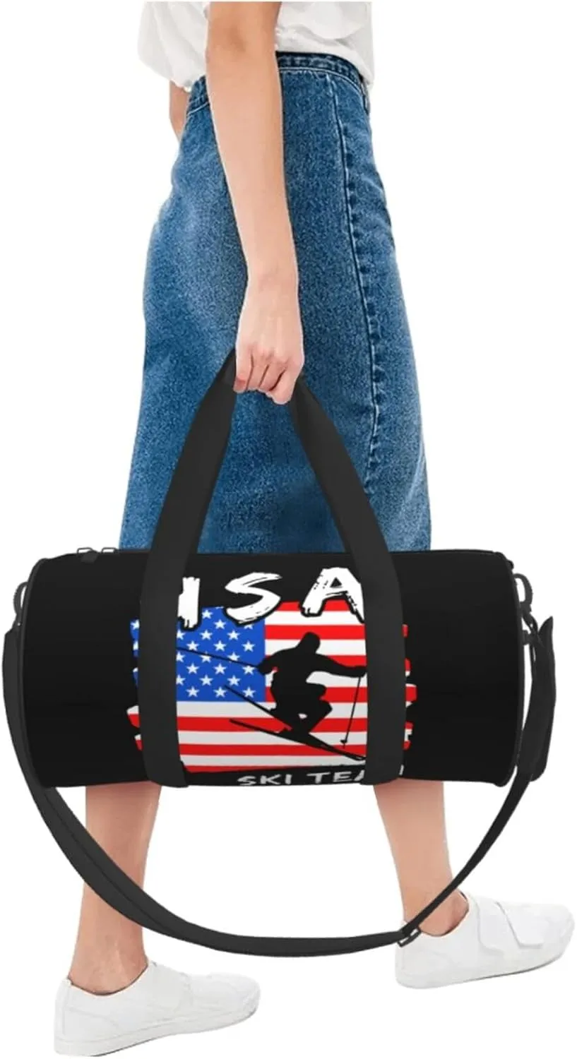 American Flag Ski Team Round Travel Duffel Bag Large Capacity Gym Sports Bags for Hiking Vacation Trips