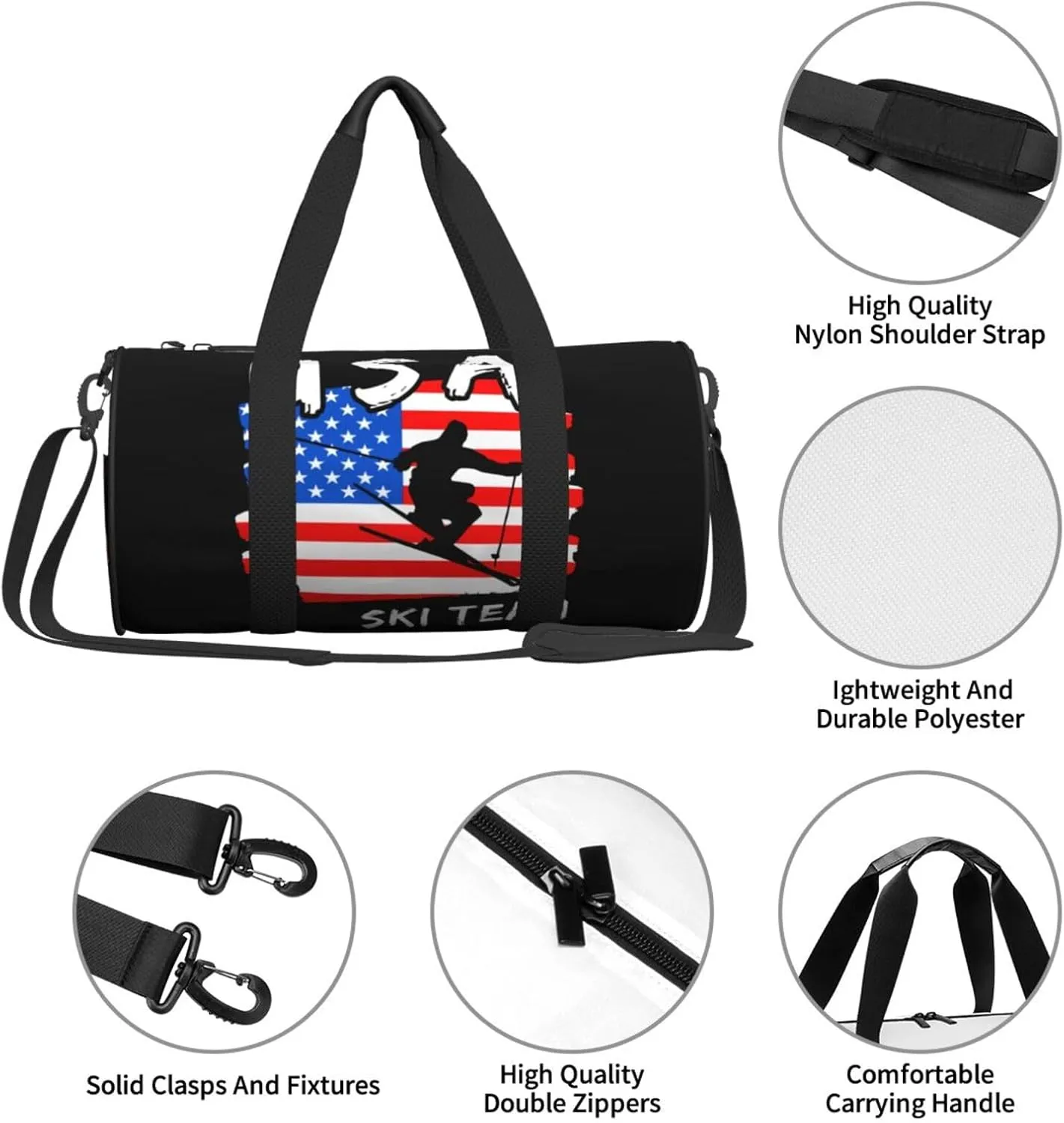 American Flag Ski Team Round Travel Duffel Bag Large Capacity Gym Sports Bags for Hiking Vacation Trips