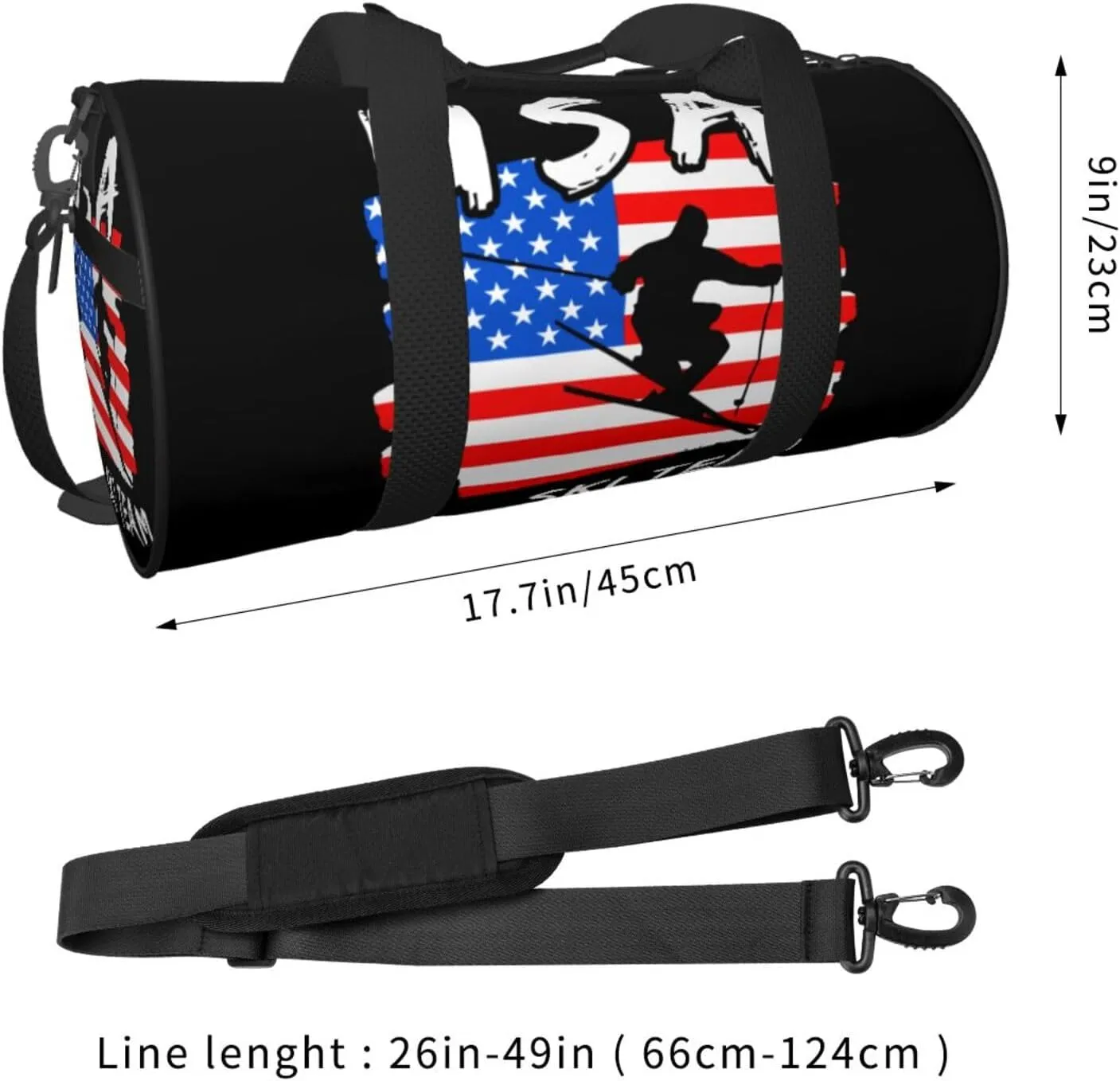 American Flag Ski Team Round Travel Duffel Bag Large Capacity Gym Sports Bags for Hiking Vacation Trips