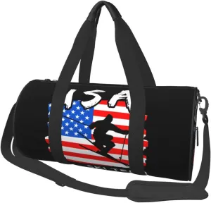 American Flag Ski Team Round Travel Duffel Bag Large Capacity Gym Sports Bags for Hiking Vacation Trips