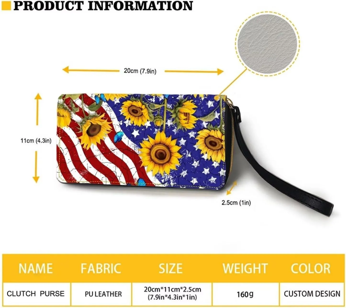 American Flag Sunflower Wallets for Women Girls Rfid Blocking Purse Evening Party Clutch Cash Bag PU Leather Zip Coin Pocket Card Slots Handbag