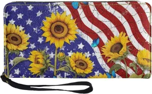 American Flag Sunflower Wallets for Women Girls Rfid Blocking Purse Evening Party Clutch Cash Bag PU Leather Zip Coin Pocket Card Slots Handbag
