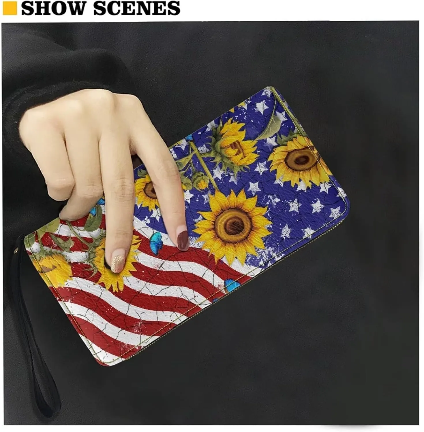 American Flag Sunflower Wallets for Women Girls Rfid Blocking Purse Evening Party Clutch Cash Bag PU Leather Zip Coin Pocket Card Slots Handbag