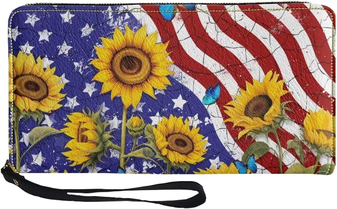 American Flag Sunflower Wallets for Women Girls Rfid Blocking Purse Evening Party Clutch Cash Bag PU Leather Zip Coin Pocket Card Slots Handbag