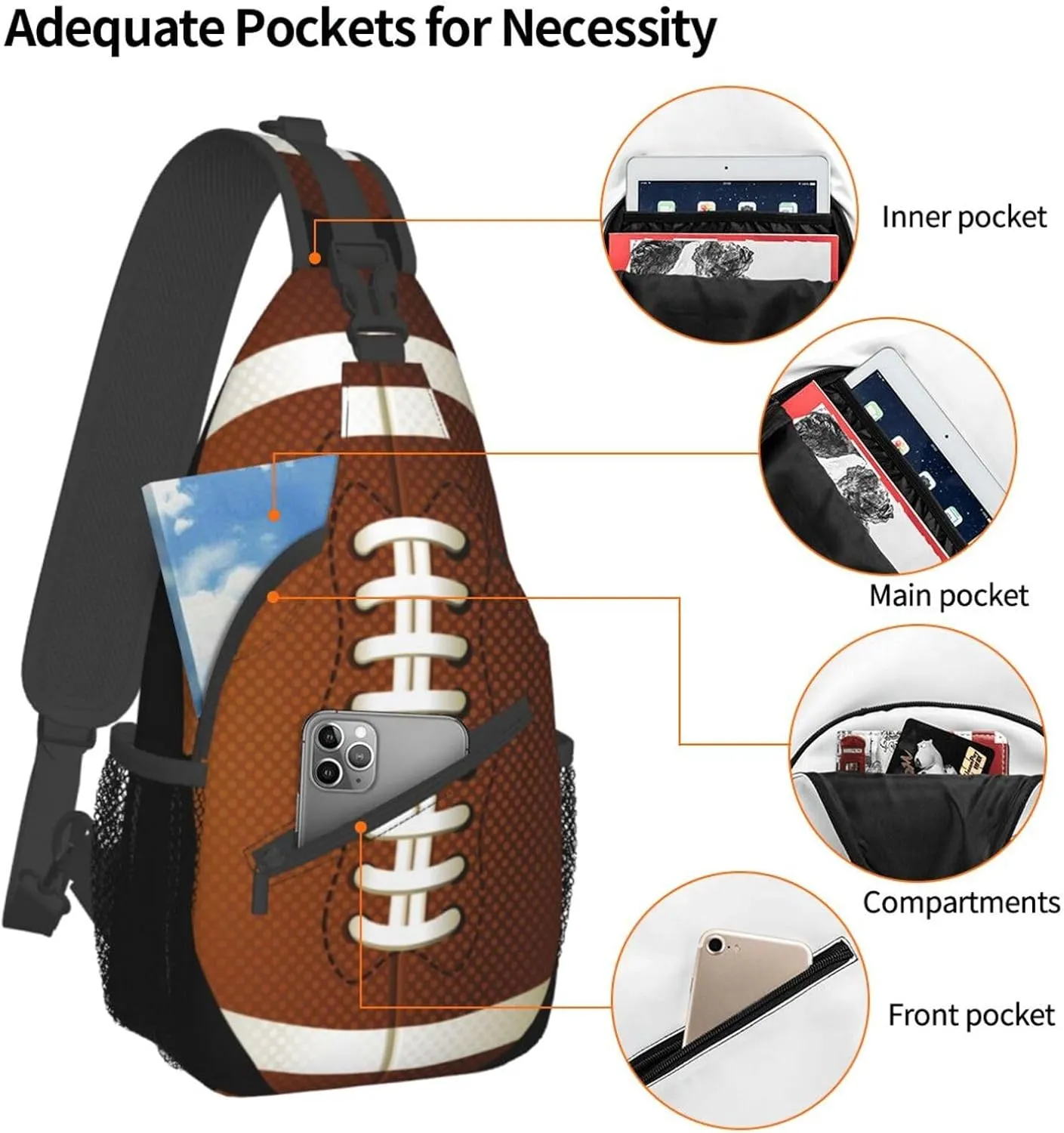 American Football Small Sling Bag for Women Men Crossbody Backpack Cycling Hiking Daypack Shoulder Chest Bag with Adjustable Strap