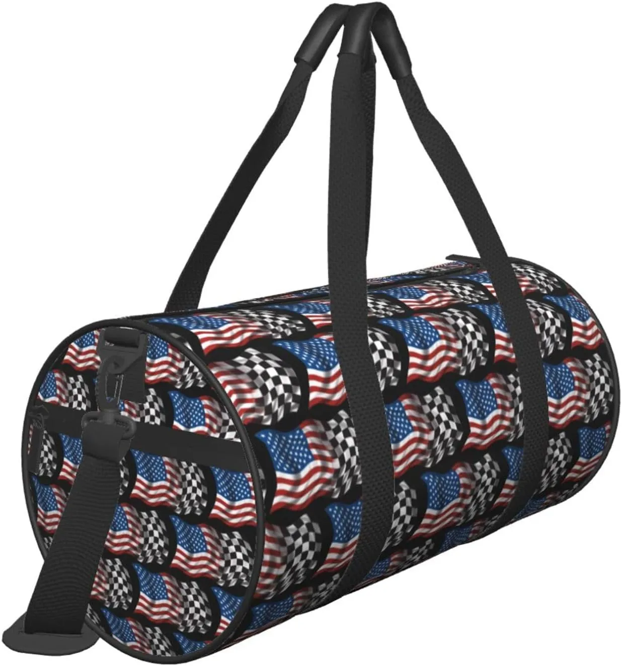 American Racing Checkered Flag Round Travel Duffel Bag Large Capacity Gym Sports Bags for Hiking Vacation Trips