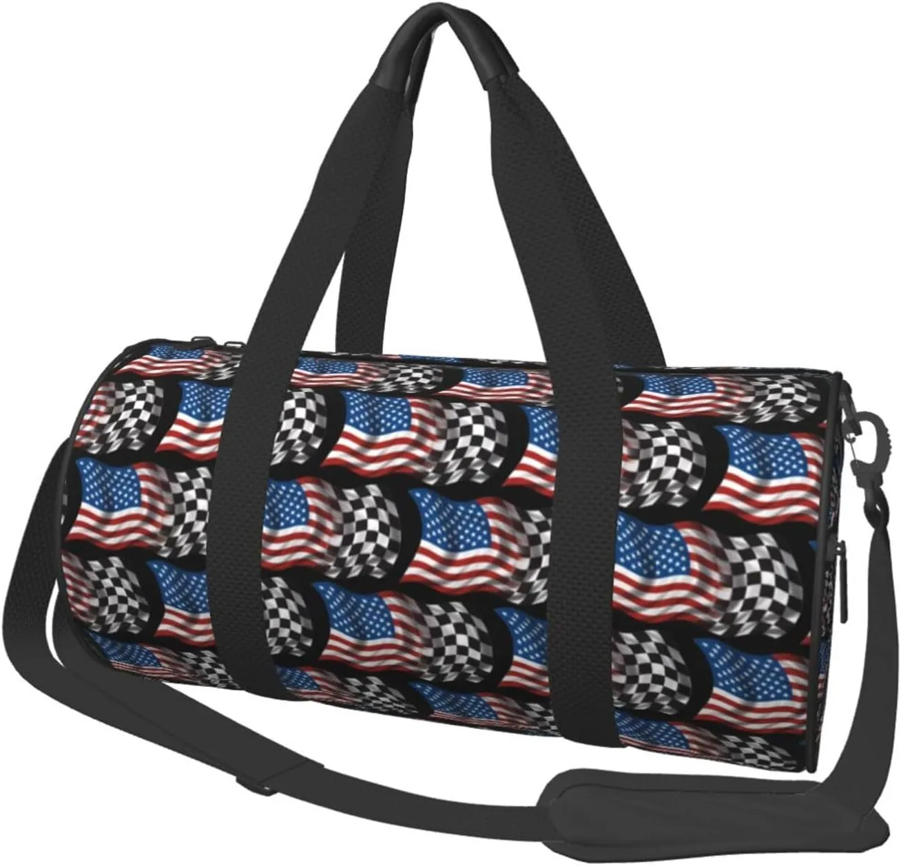 American Racing Checkered Flag Round Travel Duffel Bag Large Capacity Gym Sports Bags for Hiking Vacation Trips