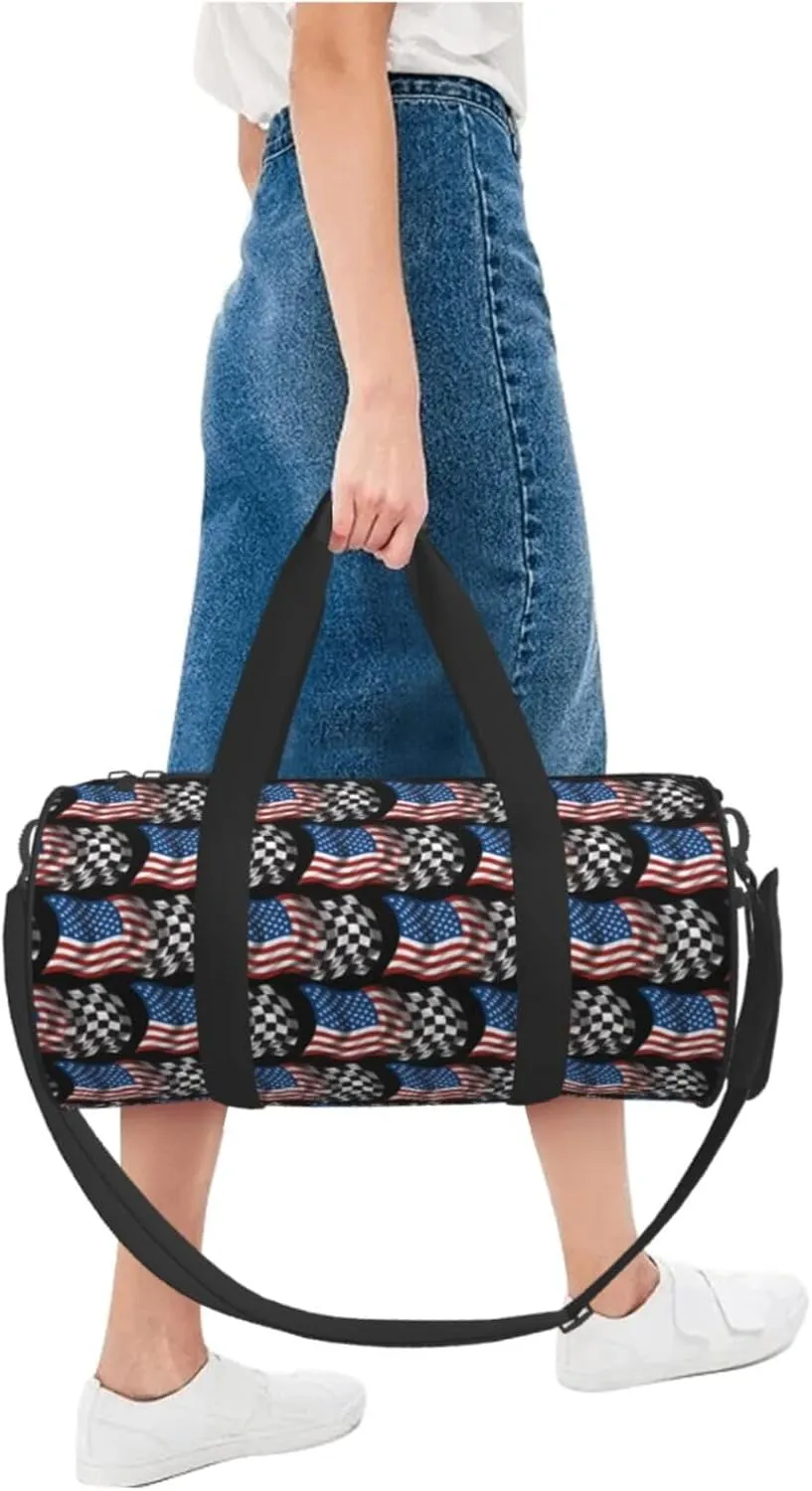 American Racing Checkered Flag Round Travel Duffel Bag Large Capacity Gym Sports Bags for Hiking Vacation Trips