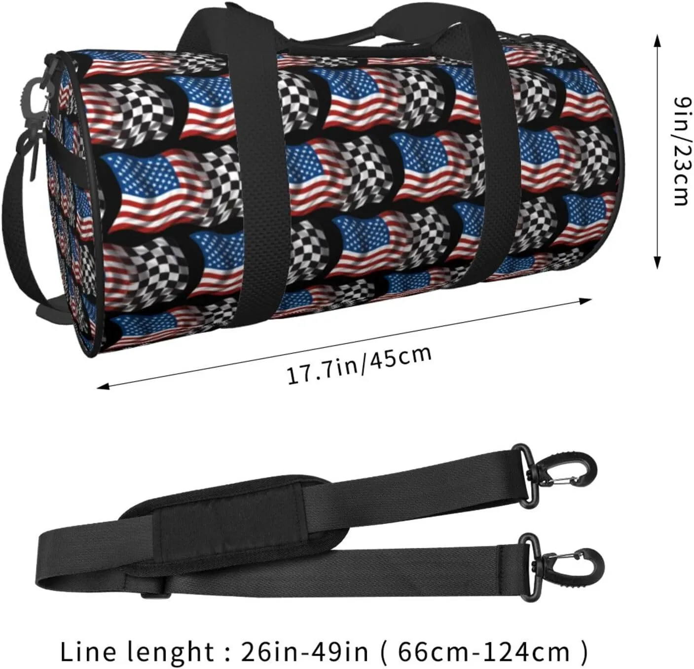 American Racing Checkered Flag Round Travel Duffel Bag Large Capacity Gym Sports Bags for Hiking Vacation Trips