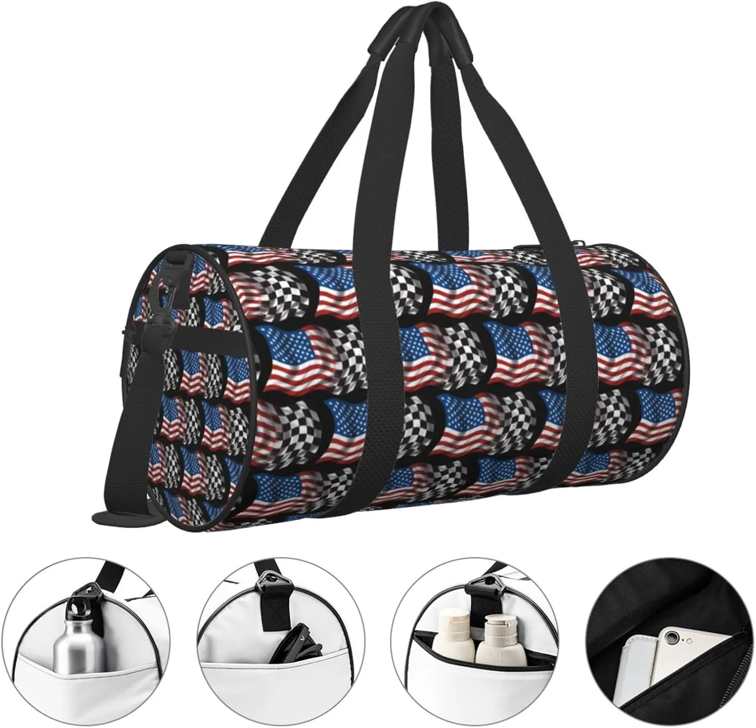 American Racing Checkered Flag Round Travel Duffel Bag Large Capacity Gym Sports Bags for Hiking Vacation Trips