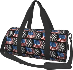 American Racing Checkered Flag Round Travel Duffel Bag Large Capacity Gym Sports Bags for Hiking Vacation Trips