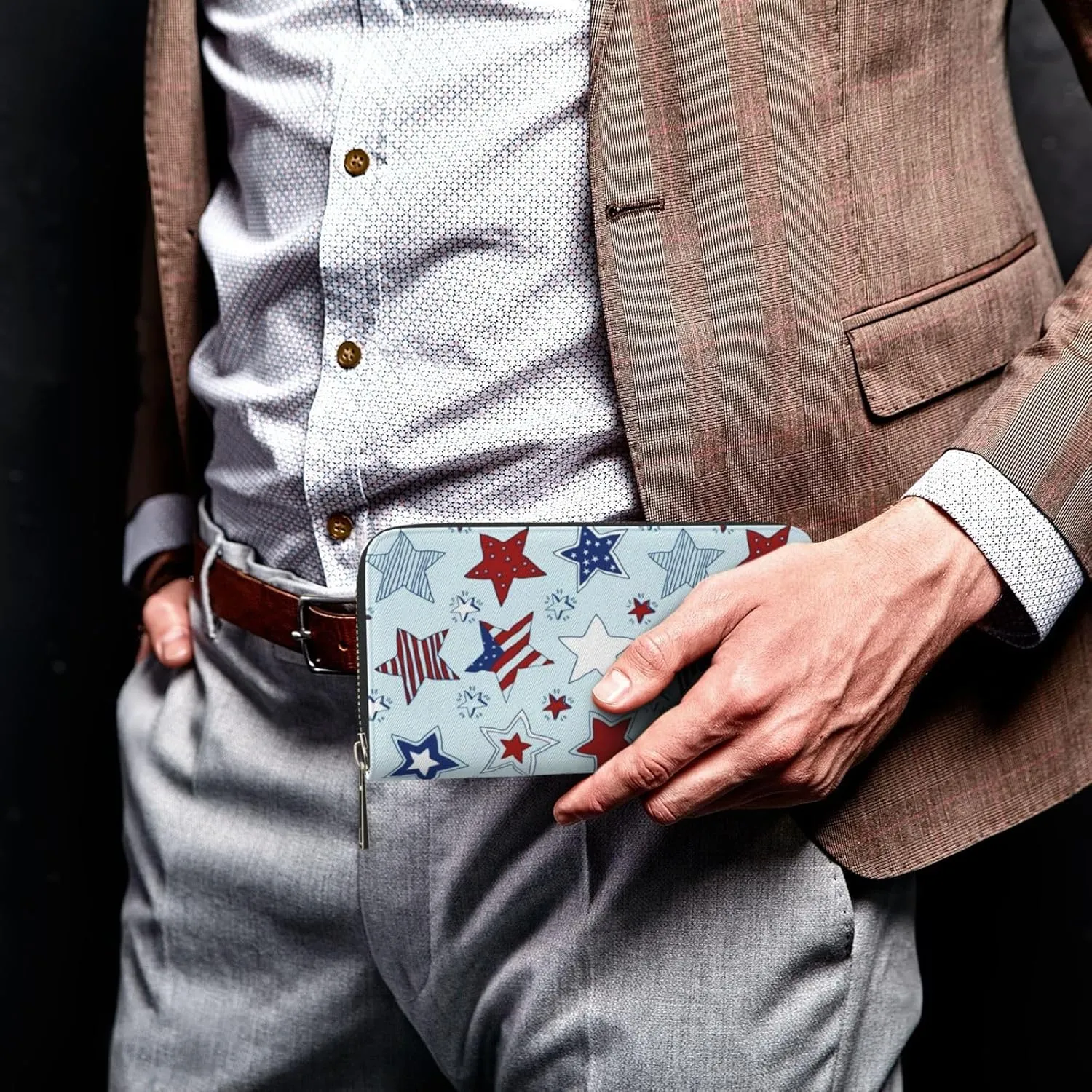 American Stars And Stripes Pattern Wallet for Men Women Elegant Long Clutch Zip Around Travel Leather Coin Purse Large Capacity Credit Card Holder Handbag