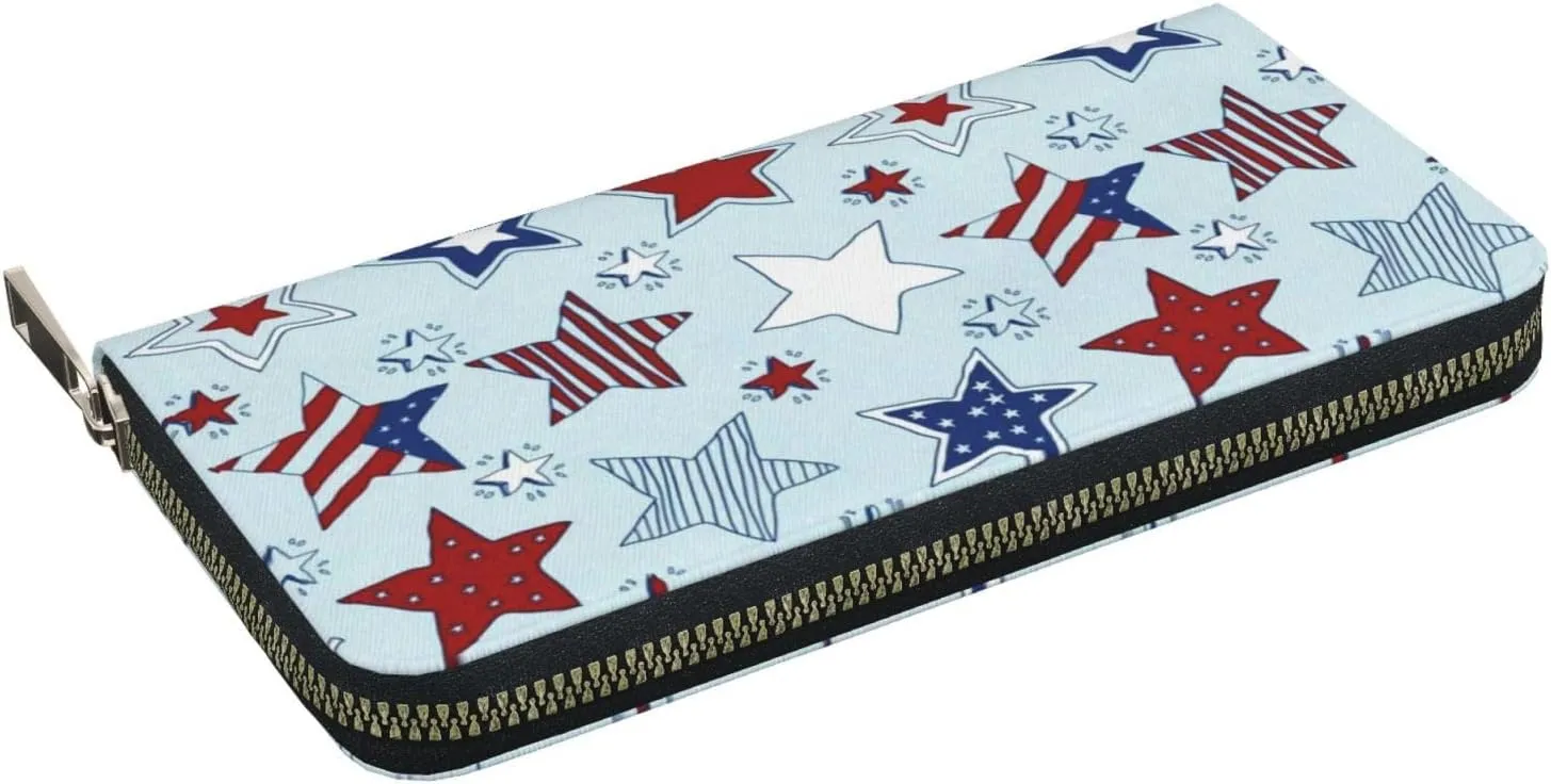 American Stars And Stripes Pattern Wallet for Men Women Elegant Long Clutch Zip Around Travel Leather Coin Purse Large Capacity Credit Card Holder Handbag