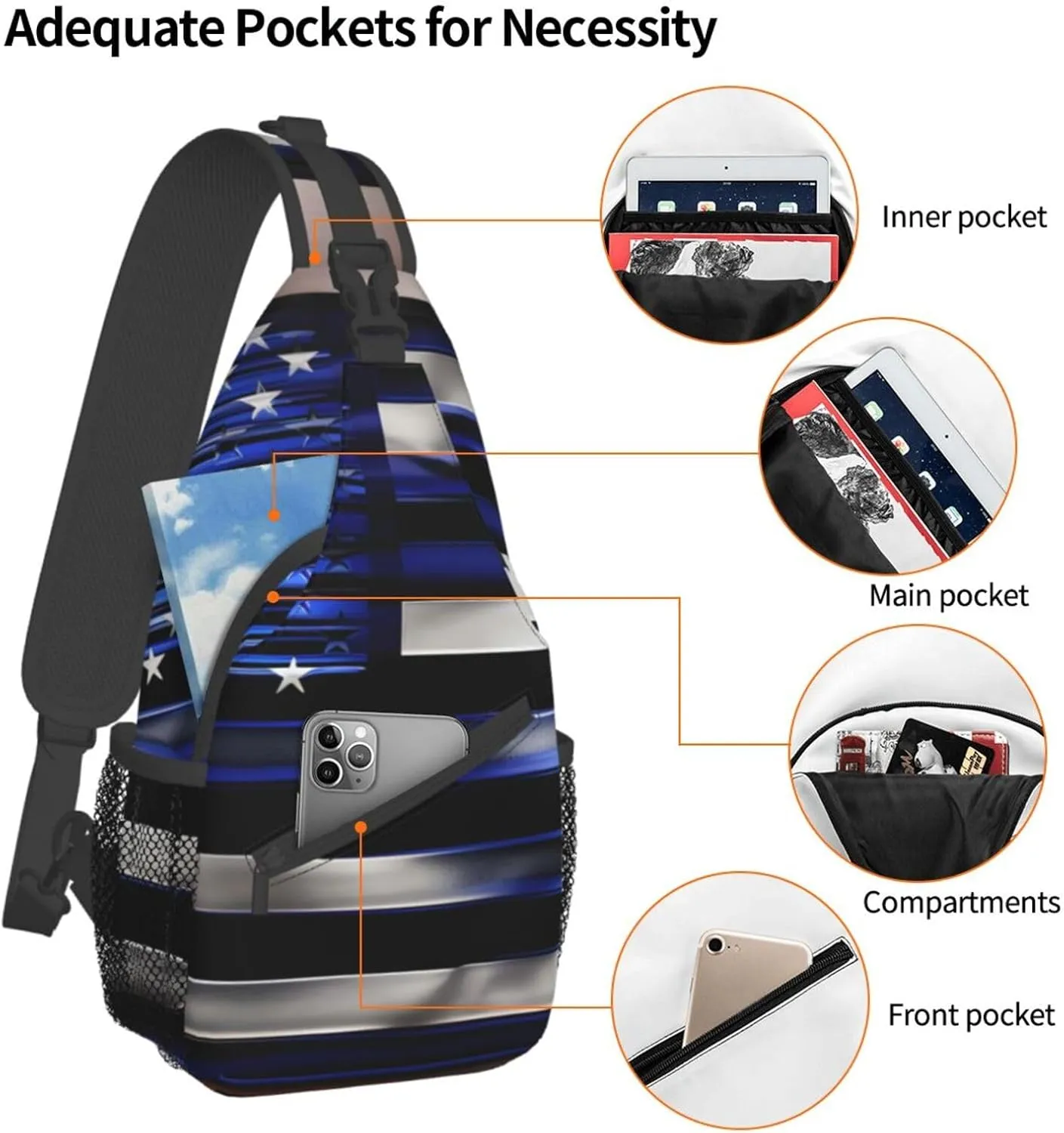 American Thin Blue Line Flag Unisex Casual Diagonal Chest Bag,Multipurpose Crossbody Shoulder Bag Travel Hiking Daypack