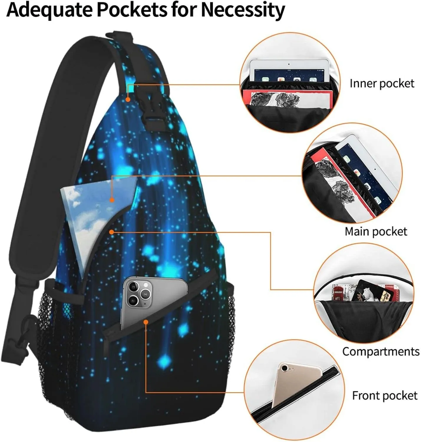 AMRANDOM Sling Bag Multipurpose Crossbody Bags Casual Black and Blue Neon Lights Sling Bag Anti-Theft Sling Backpack With Adjustable Strap