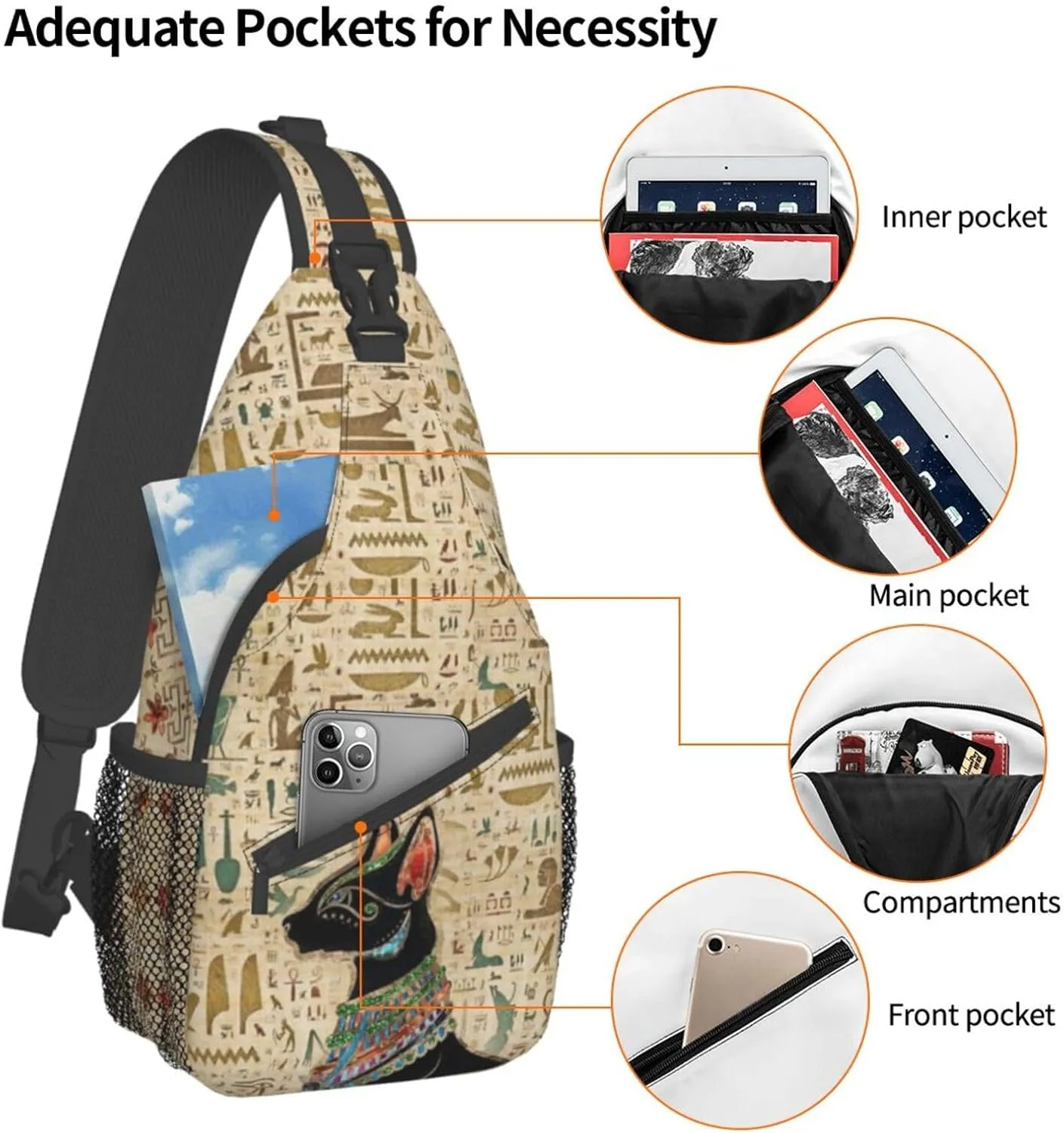 Ancient Egyptian Shoulder Bag Egypt Sling Backpack Daypack Casual Backpack Hiking Bag Hieroglyph Backpack Bag