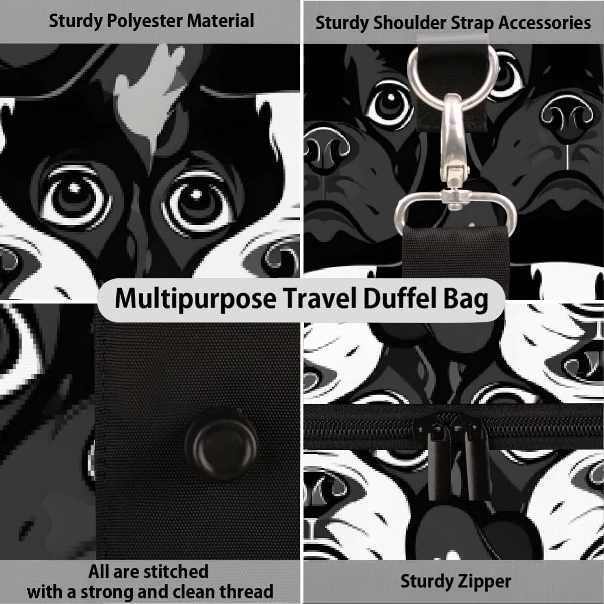 Animal Black And White Puppy Travel Duffel Bag for Women Men Small Sport Gym Bag Waterproof Weekender Overnight Lightweight Carry on Foldable Gym Bag for Training Swim Yoga Traveling Handbag