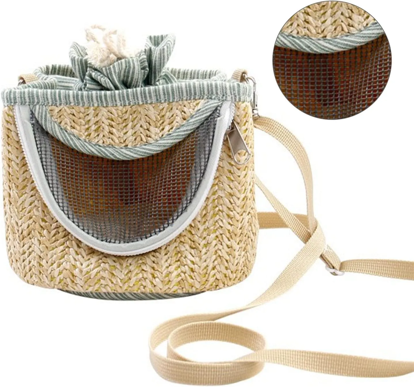 Animal Carrier, Small Pet Carrier Bag Hamster Carrier Bag with Long Detachable Shoulder Strap, Light Coffee Color Straw Mesh Breathable Portable Outgoing Bag for Guinea Pig, Bunny Rat Bird (Green)