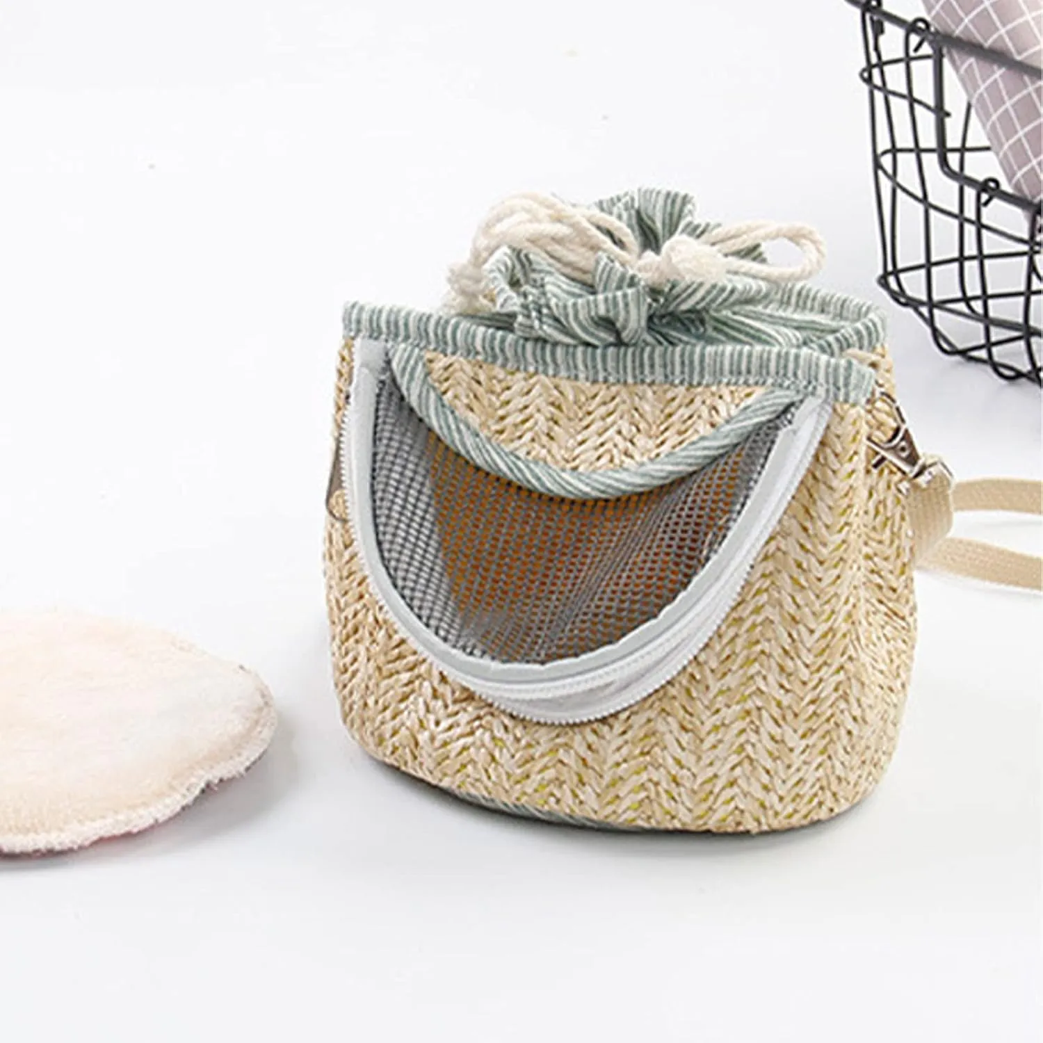 Animal Carrier, Small Pet Carrier Bag Hamster Carrier Bag with Long Detachable Shoulder Strap, Light Coffee Color Straw Mesh Breathable Portable Outgoing Bag for Guinea Pig, Bunny Rat Bird (Green)