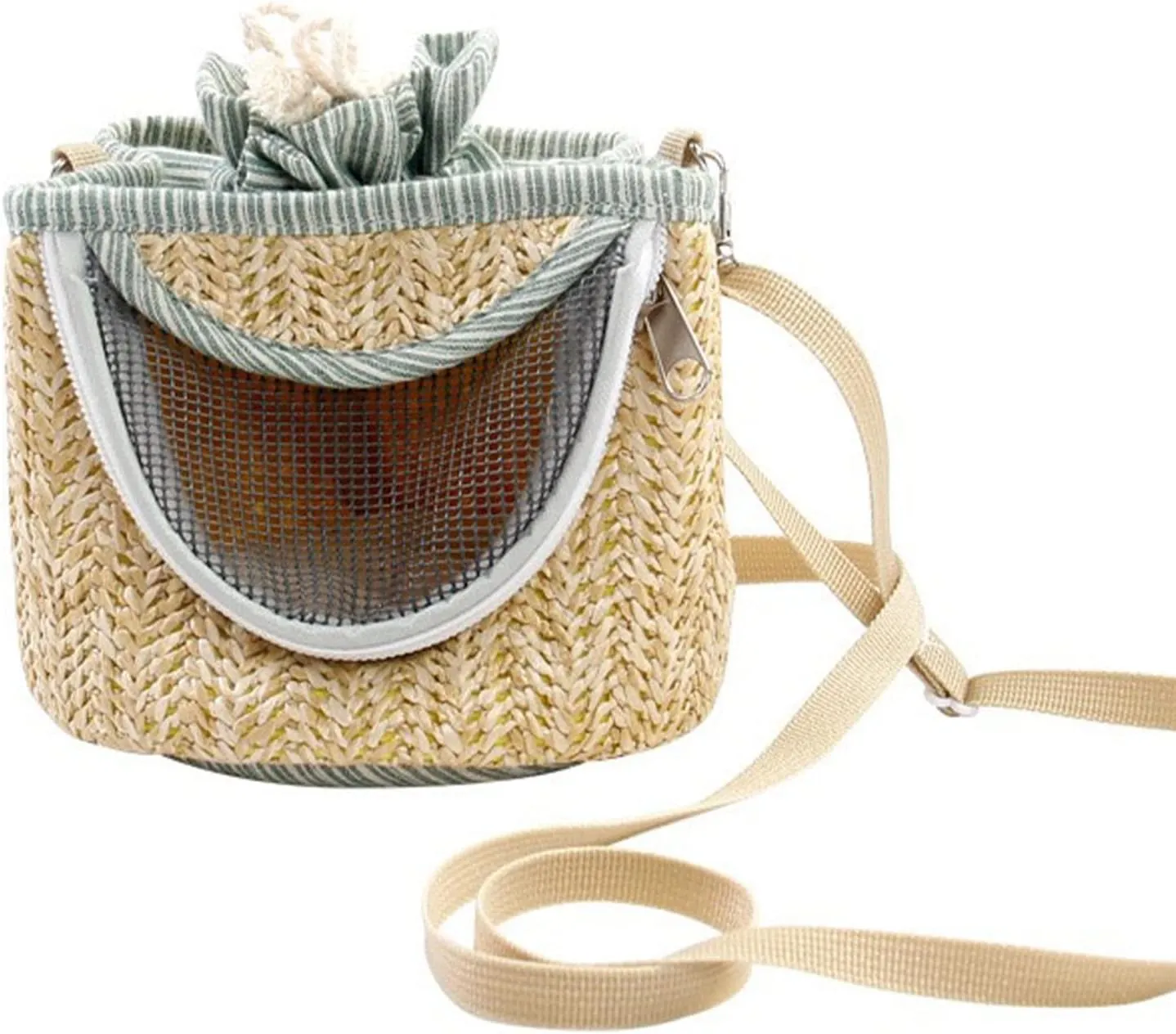 Animal Carrier, Small Pet Carrier Bag Hamster Carrier Bag with Long Detachable Shoulder Strap, Light Coffee Color Straw Mesh Breathable Portable Outgoing Bag for Guinea Pig, Bunny Rat Bird (Green)