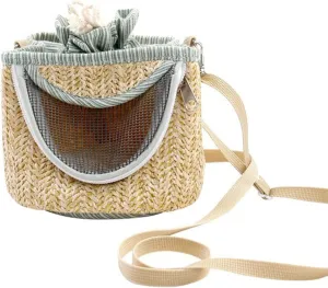 Animal Carrier, Small Pet Carrier Bag Hamster Carrier Bag with Long Detachable Shoulder Strap, Light Coffee Color Straw Mesh Breathable Portable Outgoing Bag for Guinea Pig, Bunny Rat Bird (Green)