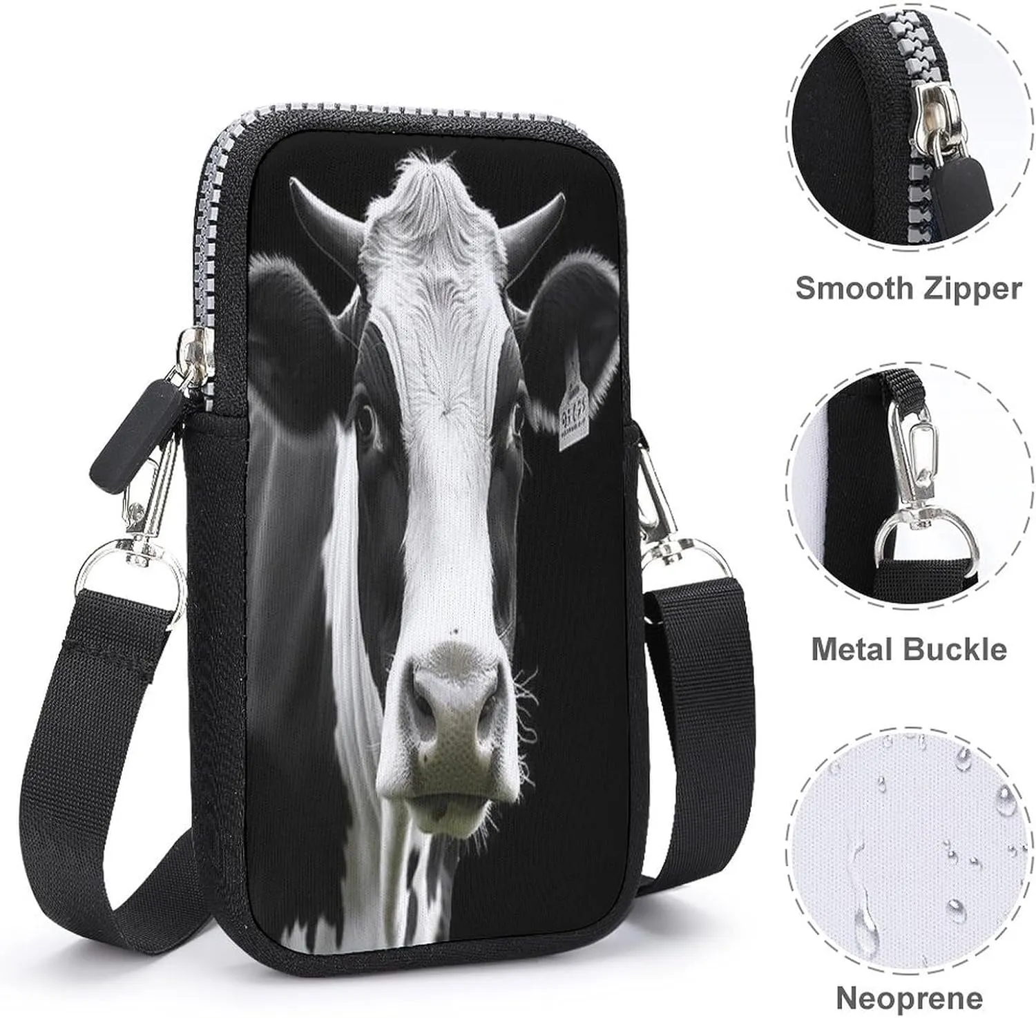 Animal Funny Cow Head Black White Small Crossbody Bag for Women,Lightweight Mini Shoulder Bag Wallet Cell Phone Purse For Running,Travel,Commuting