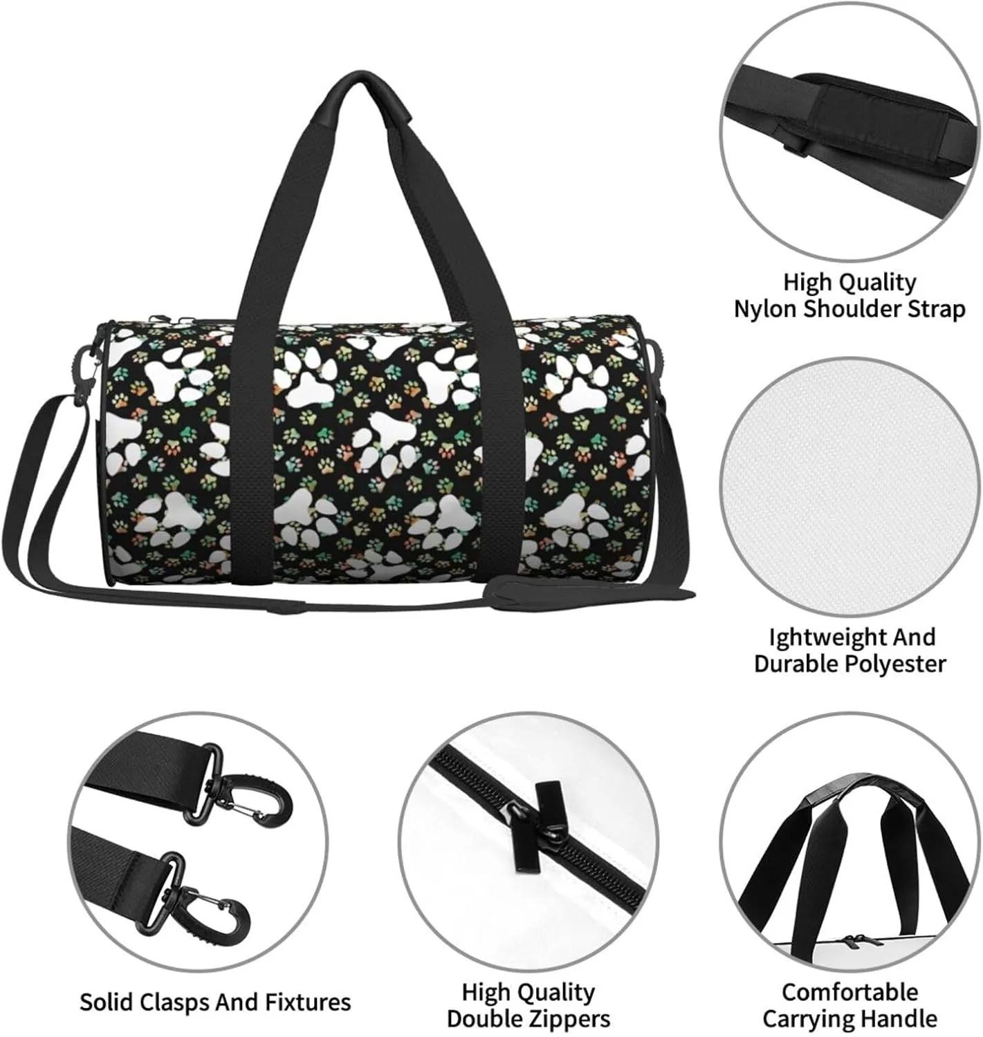 Animals Footprints Cat Dogs Round Travel Duffel Bag Large Capacity Gym Sports Bags for Hiking Vacation Trips