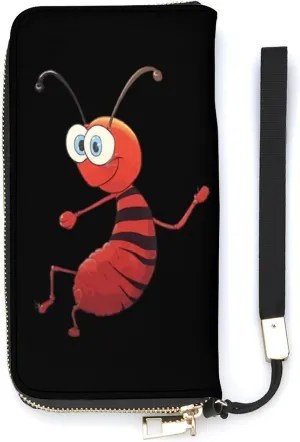 Ant Long Wallet PU Leather Bifold Wallet Credit Card Holder Purse with Hand Strap for Men Women