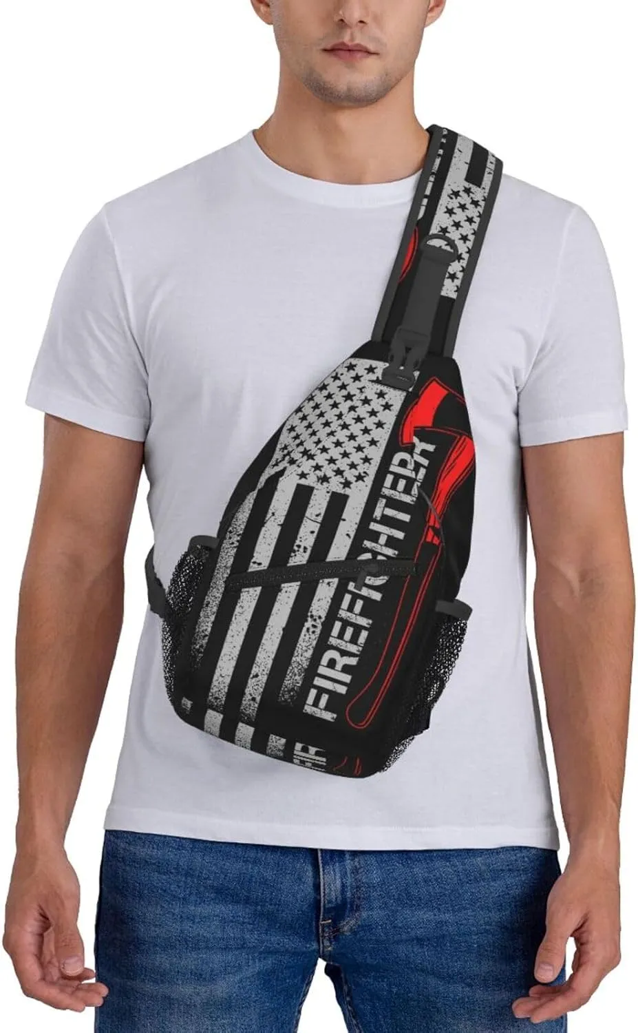 Anti Theft Sling Bag for American Thin Red Line Flag Firefighter Black Crossbody Chest Backpack Small Daypack Fashion Outdoor Cycling Gym Chest Shoulder Bags for Men & Women