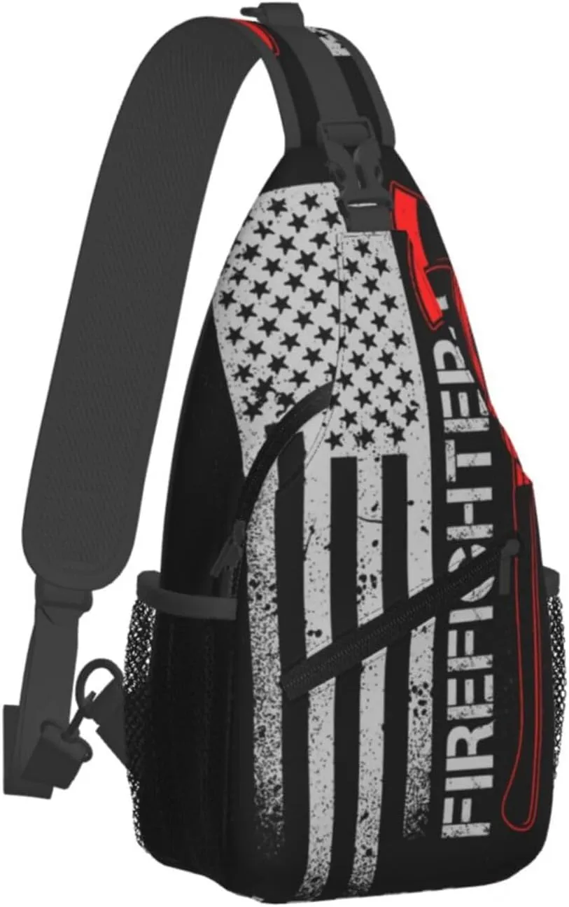 Anti Theft Sling Bag for American Thin Red Line Flag Firefighter Black Crossbody Chest Backpack Small Daypack Fashion Outdoor Cycling Gym Chest Shoulder Bags for Men & Women