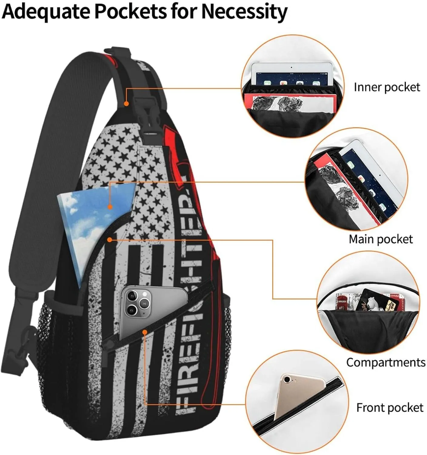 Anti Theft Sling Bag for American Thin Red Line Flag Firefighter Black Crossbody Chest Backpack Small Daypack Fashion Outdoor Cycling Gym Chest Shoulder Bags for Men & Women