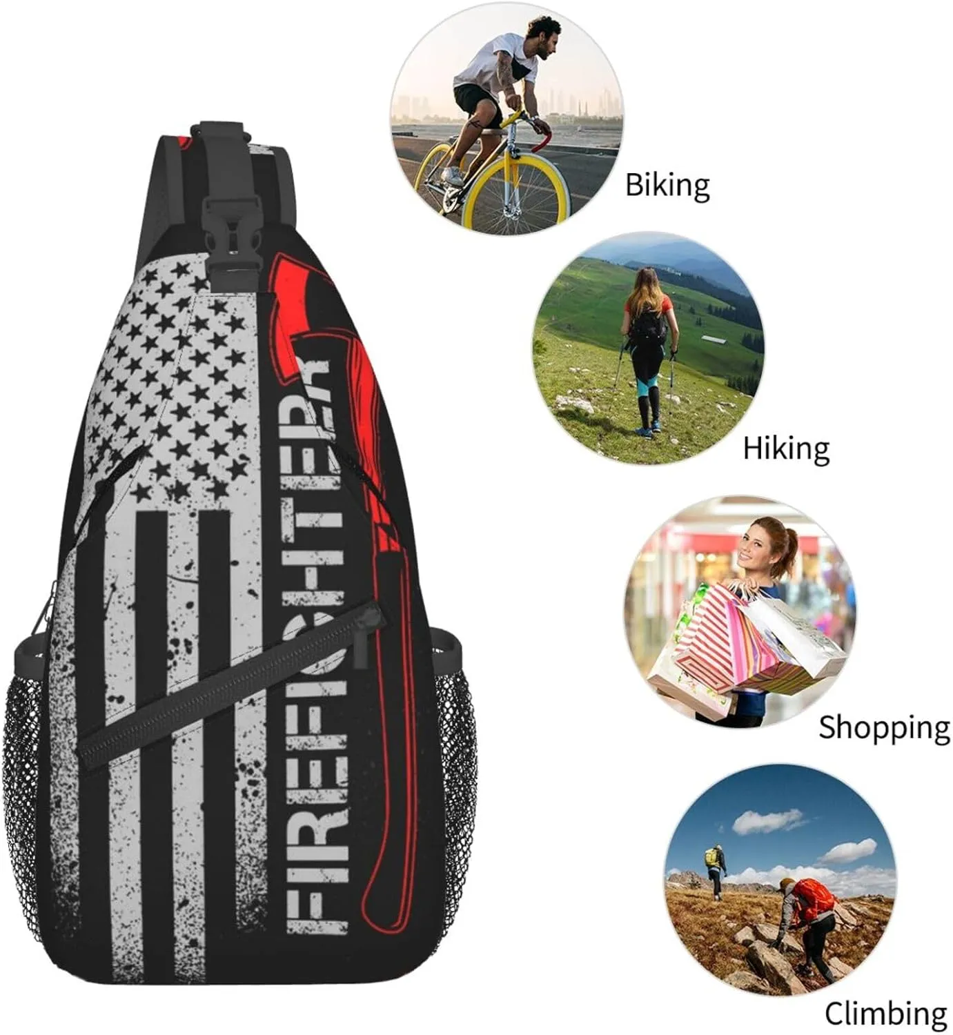 Anti Theft Sling Bag for American Thin Red Line Flag Firefighter Black Crossbody Chest Backpack Small Daypack Fashion Outdoor Cycling Gym Chest Shoulder Bags for Men & Women