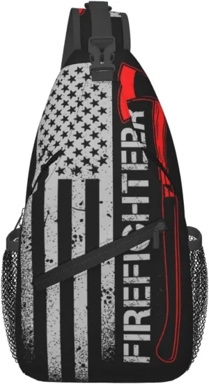 Anti Theft Sling Bag for American Thin Red Line Flag Firefighter Black Crossbody Chest Backpack Small Daypack Fashion Outdoor Cycling Gym Chest Shoulder Bags for Men & Women