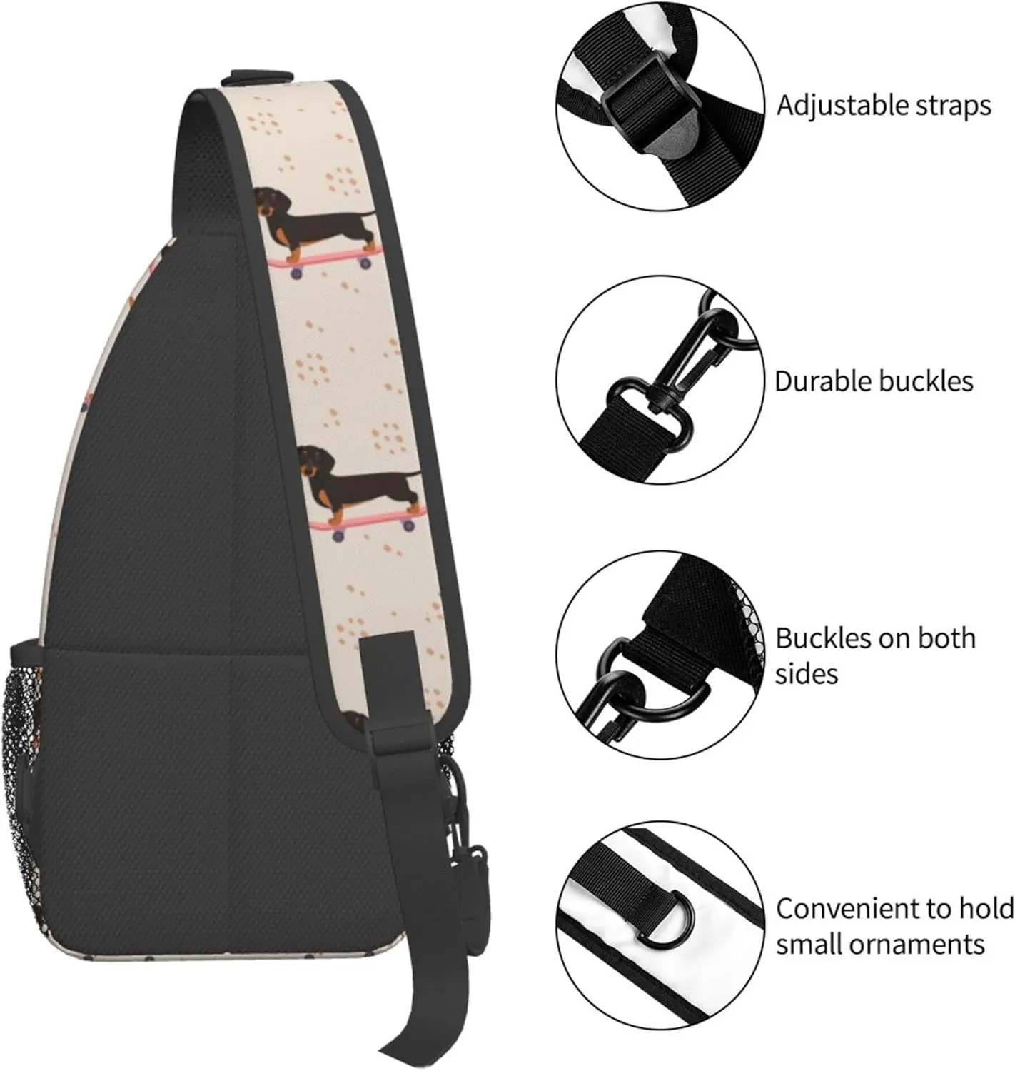 Anti Theft Sling Bag Shoulder Crossbody Backpack Waterproof Chest Bag Lightweight Cartoon dogs skateboard Doxie Dachshund Weiner Dog Pet Dogs Casual Daypack