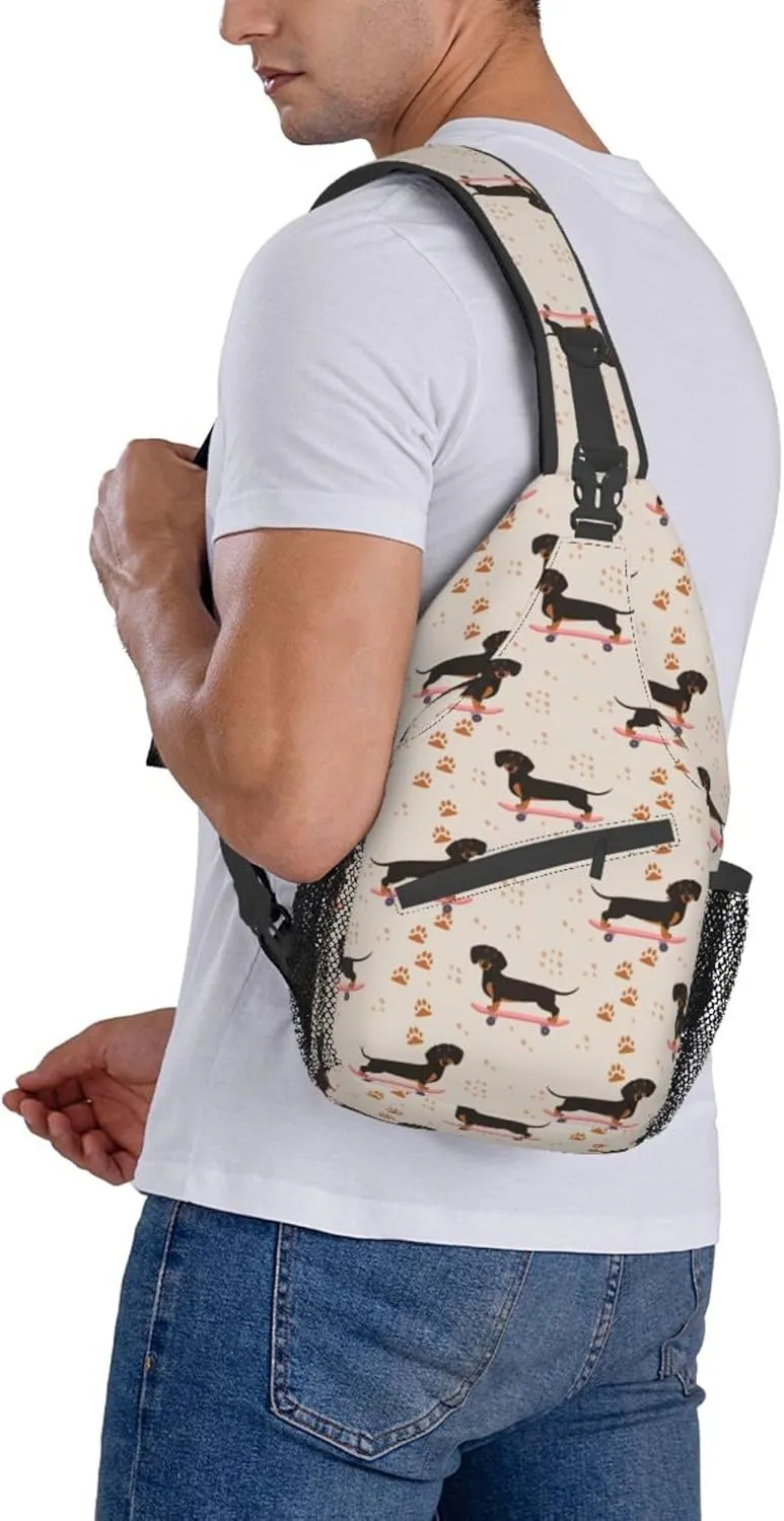 Anti Theft Sling Bag Shoulder Crossbody Backpack Waterproof Chest Bag Lightweight Cartoon dogs skateboard Doxie Dachshund Weiner Dog Pet Dogs Casual Daypack