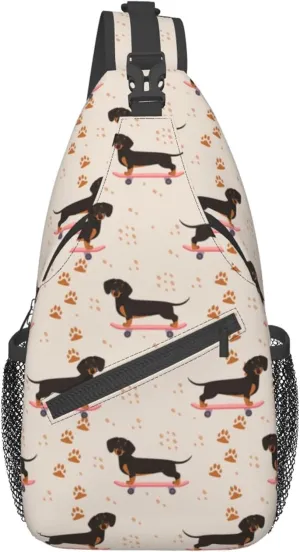 Anti Theft Sling Bag Shoulder Crossbody Backpack Waterproof Chest Bag Lightweight Cartoon dogs skateboard Doxie Dachshund Weiner Dog Pet Dogs Casual Daypack