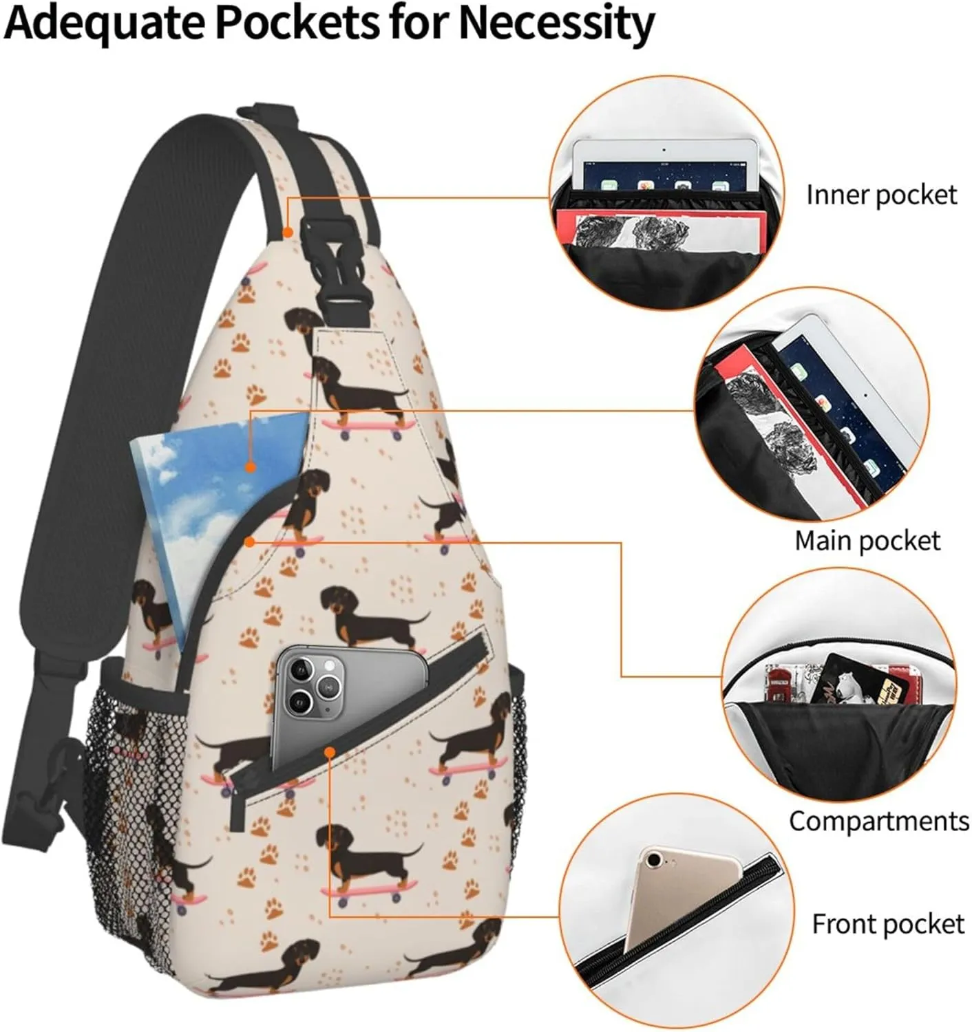 Anti Theft Sling Bag Shoulder Crossbody Backpack Waterproof Chest Bag Lightweight Cartoon dogs skateboard Doxie Dachshund Weiner Dog Pet Dogs Casual Daypack