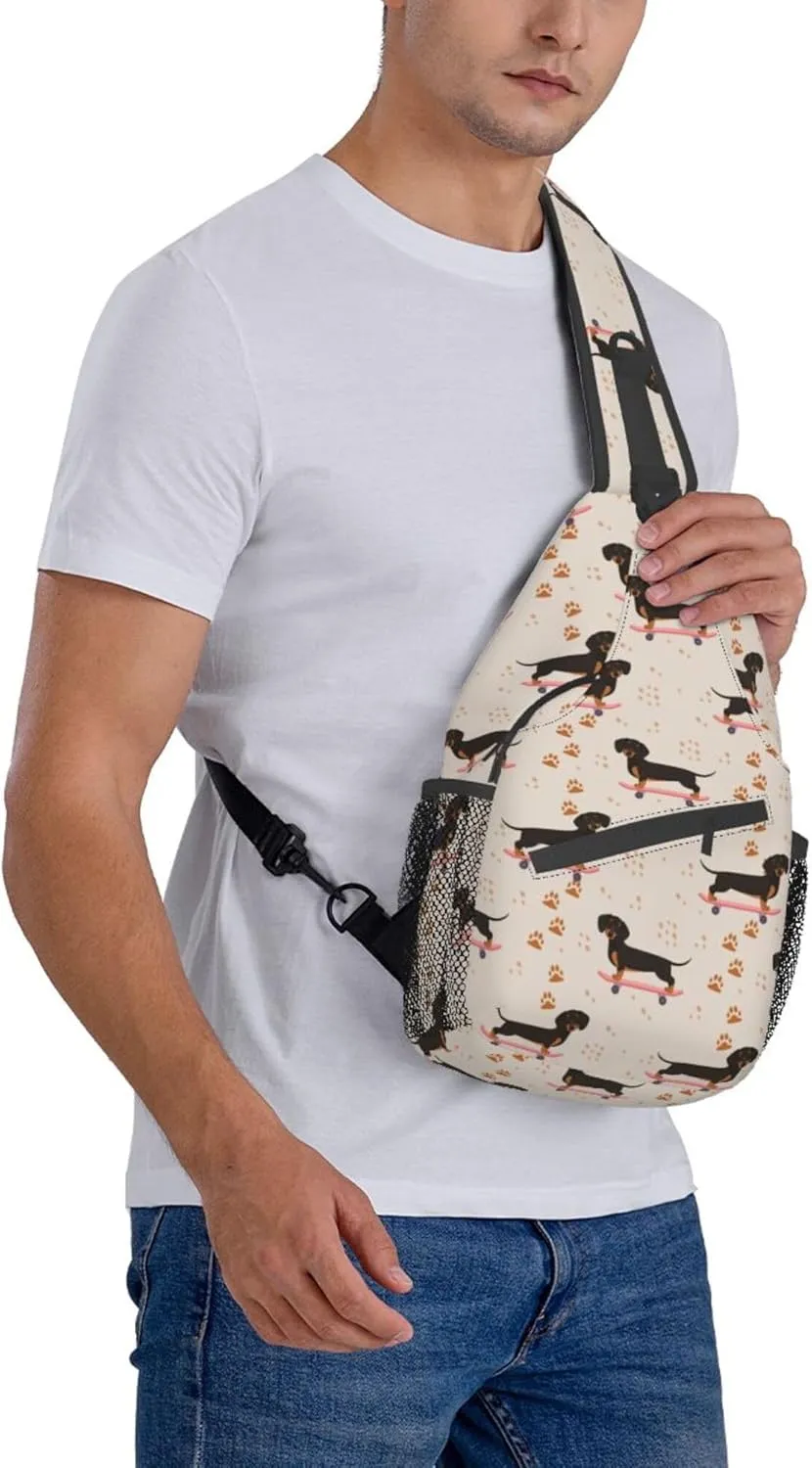 Anti Theft Sling Bag Shoulder Crossbody Backpack Waterproof Chest Bag Lightweight Cartoon dogs skateboard Doxie Dachshund Weiner Dog Pet Dogs Casual Daypack