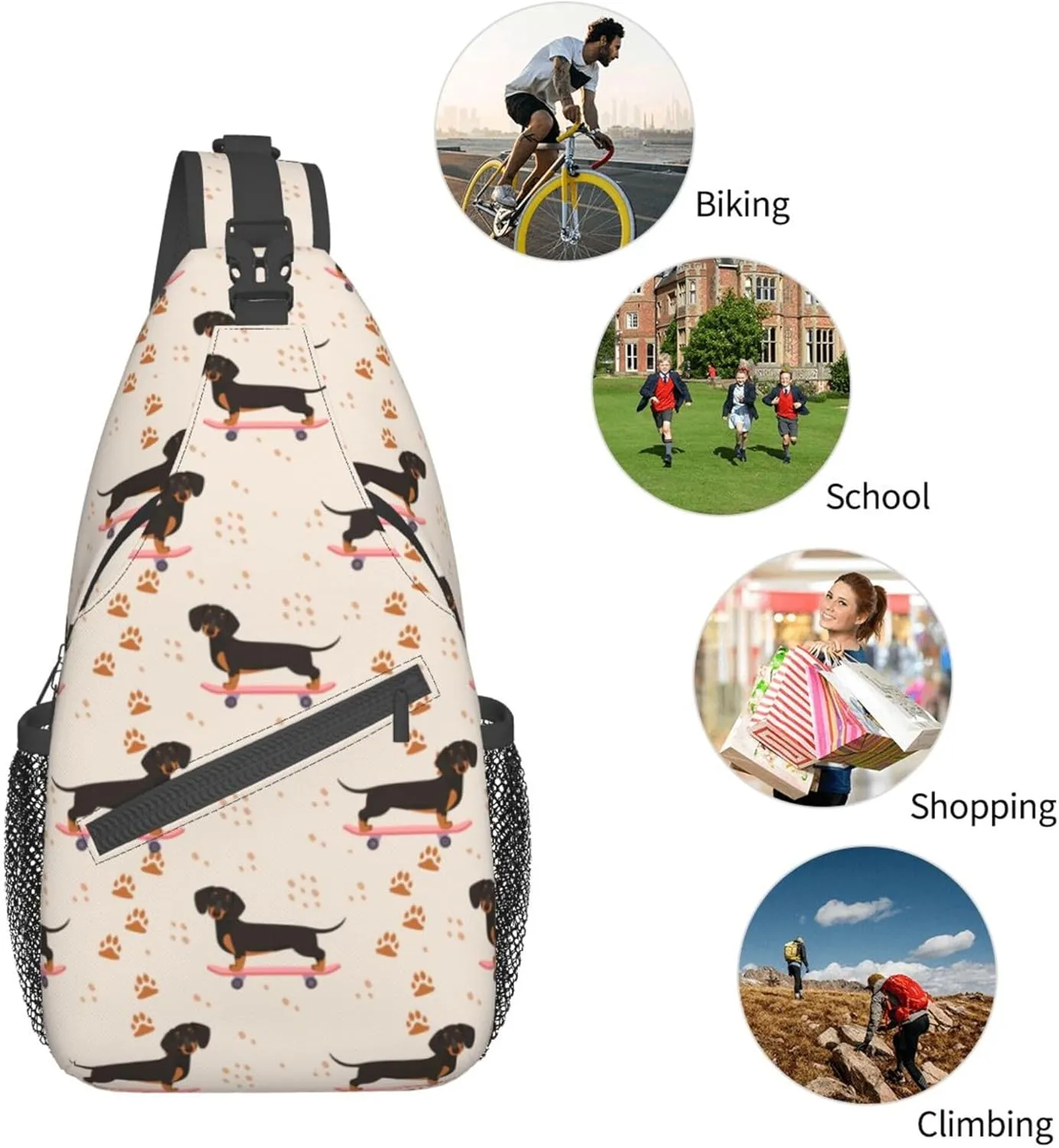 Anti Theft Sling Bag Shoulder Crossbody Backpack Waterproof Chest Bag Lightweight Cartoon dogs skateboard Doxie Dachshund Weiner Dog Pet Dogs Casual Daypack