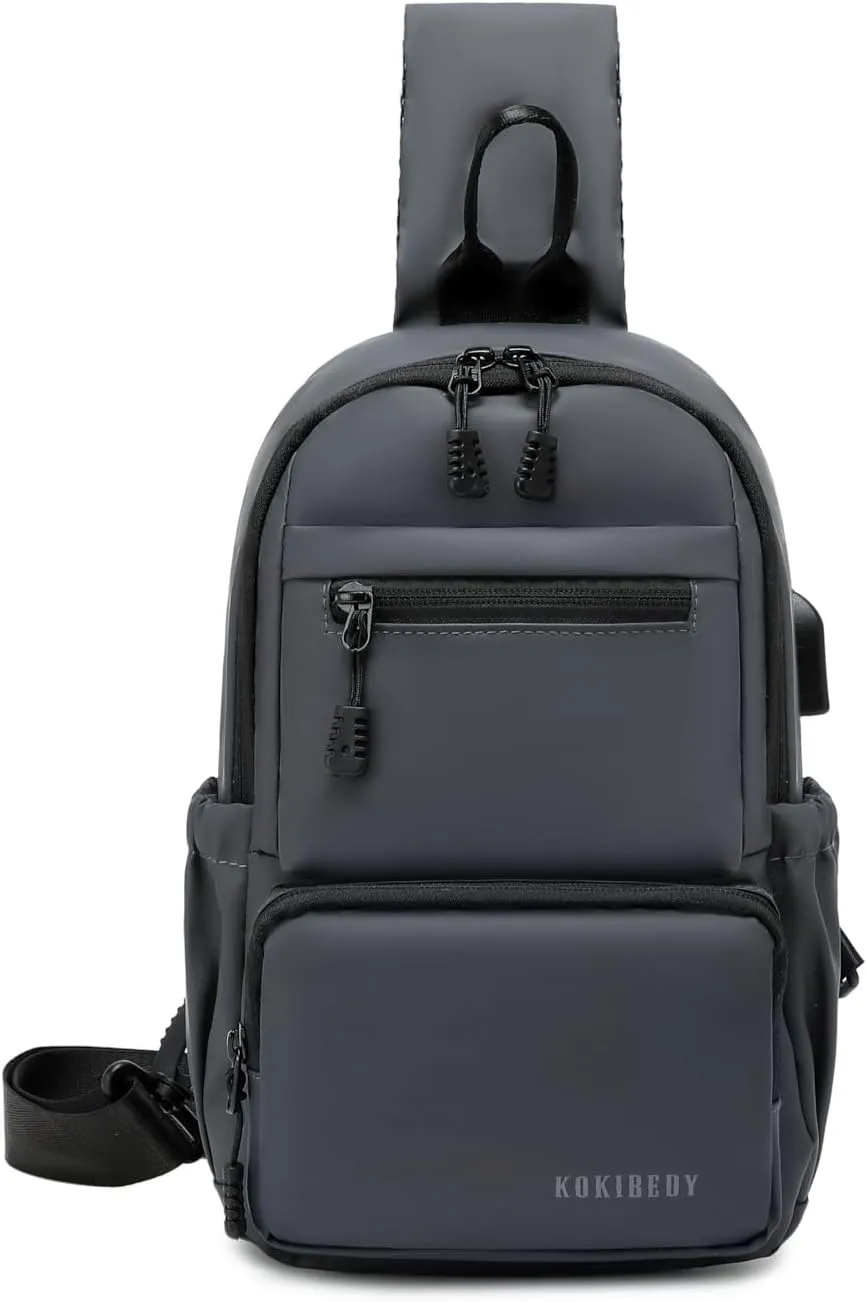 Anti Theft Sling Crossbody Backpack Shoulder Bag for Men,Chest Bags with USB Charger Port For Casual Camping Biking Travel Cycling (Grey)