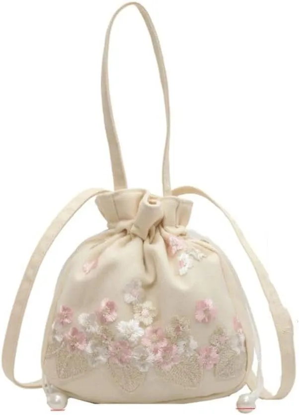 Antique Accessory Bag Drawstrings Bag Handbag, Ethnic Style Women Embroidery Floral Bucket Bag Tote Bag Clutch Purses