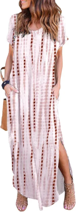 Arolina Women's Summer Maxi Dress Short Sleeve V Neck Casual Loose Long Beach Split Dresses with Pockets