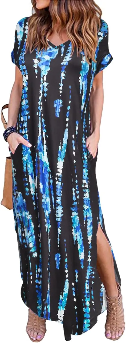 Arolina Women's Summer Maxi Dress Short Sleeve V Neck Casual Loose Long Beach Split Dresses with Pockets