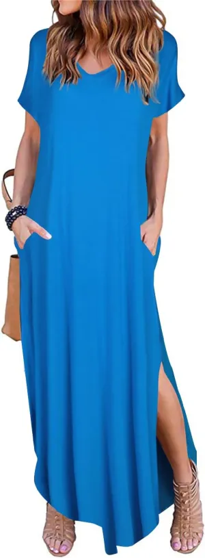 Arolina Women's Summer Maxi Dress Short Sleeve V Neck Casual Loose Long Beach Split Dresses with Pockets