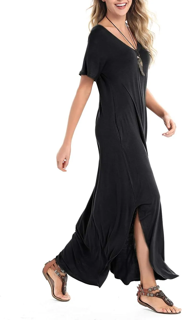 Arolina Women's Summer Maxi Dress Short Sleeve V Neck Casual Loose Long Beach Split Dresses with Pockets
