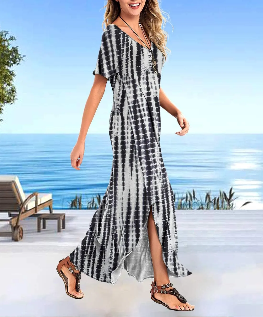 Arolina Women's Summer Maxi Dress Short Sleeve V Neck Casual Loose Long Beach Split Dresses with Pockets
