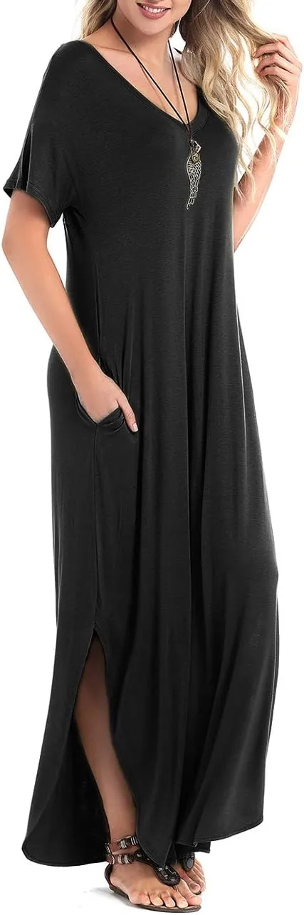 Arolina Women's Summer Maxi Dress Short Sleeve V Neck Casual Loose Long Beach Split Dresses with Pockets
