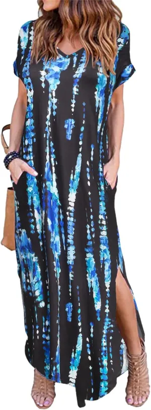 Arolina Women's Summer Maxi Dress Short Sleeve V Neck Casual Loose Long Beach Split Dresses with Pockets