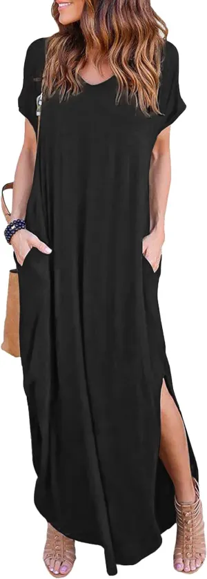 Arolina Women's Summer Maxi Dress Short Sleeve V Neck Casual Loose Long Beach Split Dresses with Pockets