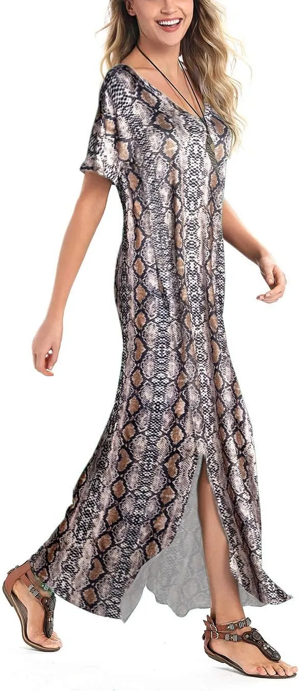 Arolina Women's Summer Maxi Dress Short Sleeve V Neck Casual Loose Long Beach Split Dresses with Pockets